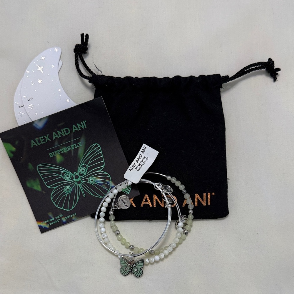 Alex and Ani Silver and Green Butterfly Bracelet - set of 3